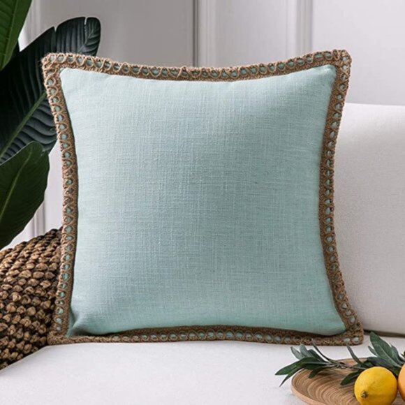 Phantoscope Set of 2 Farmhouse Throw Pillow Covers | 18"x18" | Light Turquoise | - Picture 1 of 6